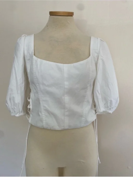 Abercrombie & Fitch White Square-Neck Puff Sleeve Lace-Up Top