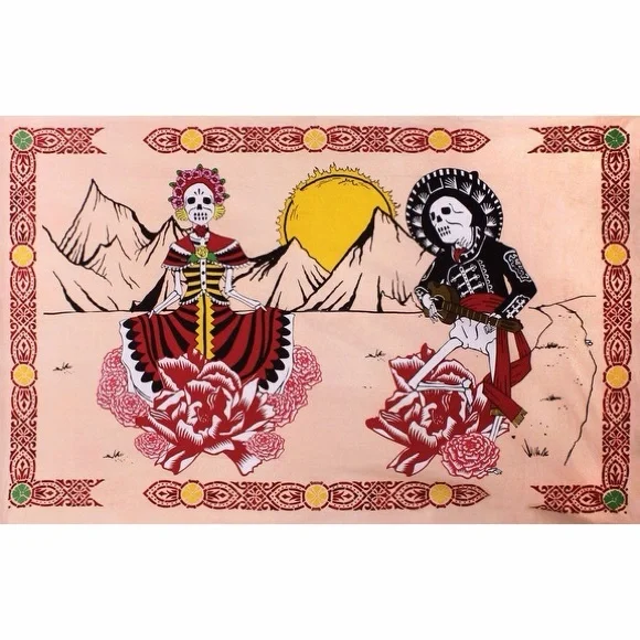 Sunshine Joy Mexican Day of the Dead Peach Tapestry 94 x 58.5”