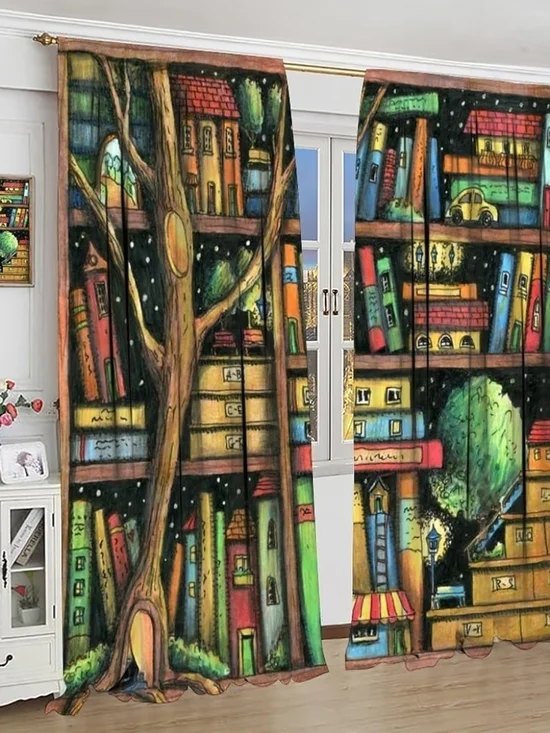 Whimsical Tree Bookshelf Printed Curtain Panels- Set of 2
