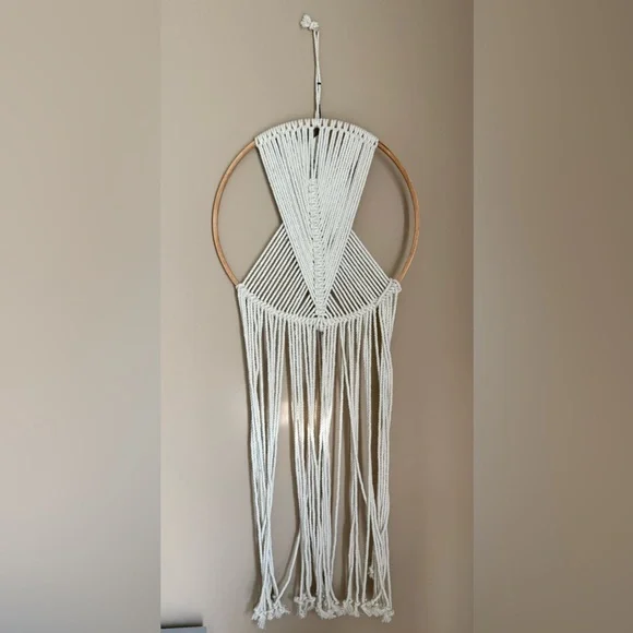 Boho Macramé Wall Hanging in Cream with Wooden Hoop Decor Macrame