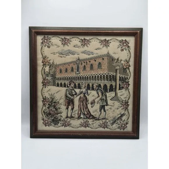 Italian Framed Tapestry Wall Hanging Venice Doge's‎ Palace Scene Floral Border