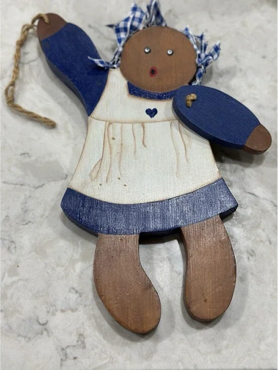 Vintage handcrafted wood Rag doll Wall Hanging Folk Art 10 Inches Tall