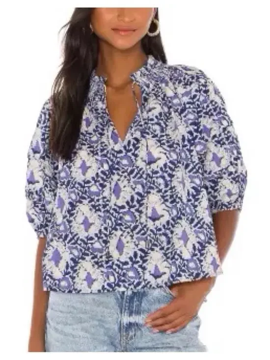 Free Peo­ple Blue & Grey Floral Cotton Blouse Relaxed 3/4 Sleeves Flowy