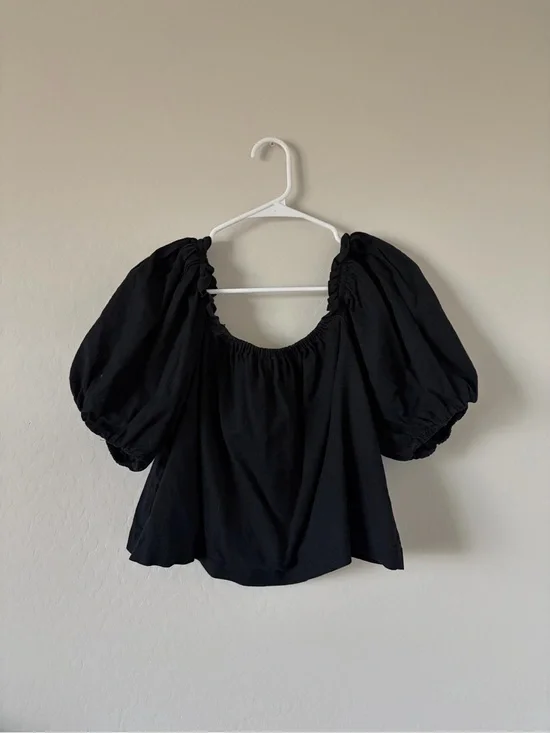 Abercrombie & Fitch Black Puff-Sleeve Square Neck Blouse