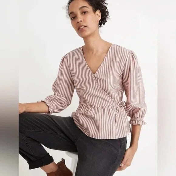 Madewell Pink and White Striped Wrap Blouse