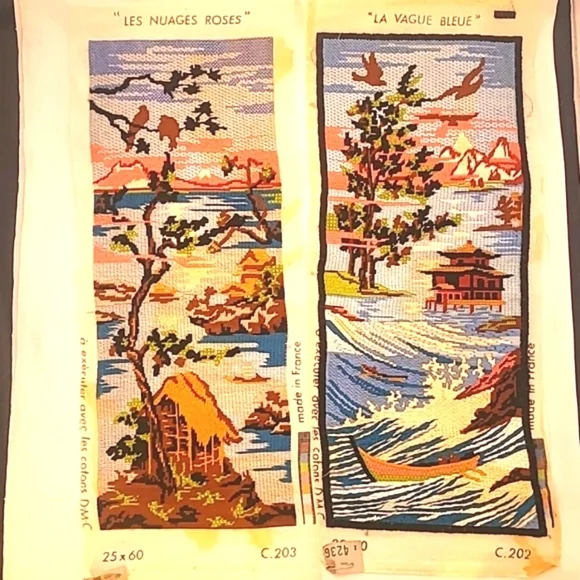 2 French Tapestries Needlepoint Vintage Handmade on Cotton Asian Style Design