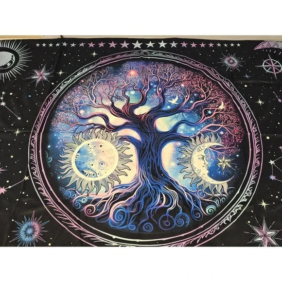 NEW Blacklight Tree of Life Trippy Sun and Moon Wall Tapestry Uv Reactive 60x39