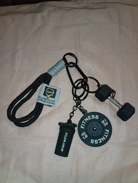 Unbranded Black Fitness Keychain Set with Dumbbell & Bottle Charms