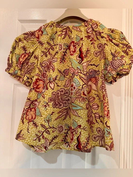 Ulla Johnson Yellow Floral Calla Lilly Print Puff-Sleeve Blouse