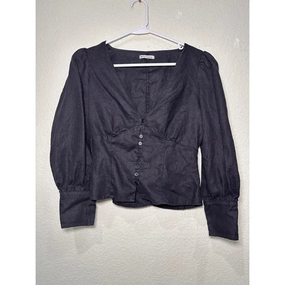 Reformation Black Linen Puff Sleeve V Neck Button Front Blouse Size 6