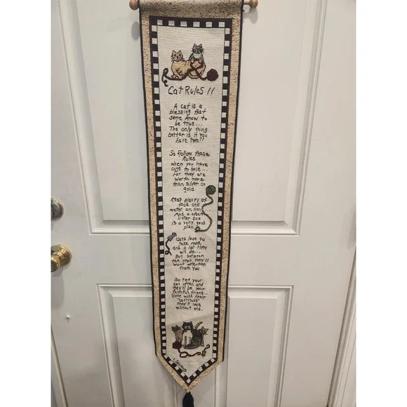 Vtg Linda Spivey Cat Rules Hanging Wall Tapestry Cottagecore Country 8.5