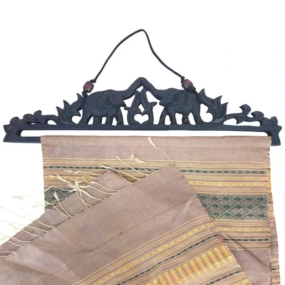 Vtg Hand‎ Carved Wood Elephant Textile Hanger Brown w Thai Gold Brown Woven Silk