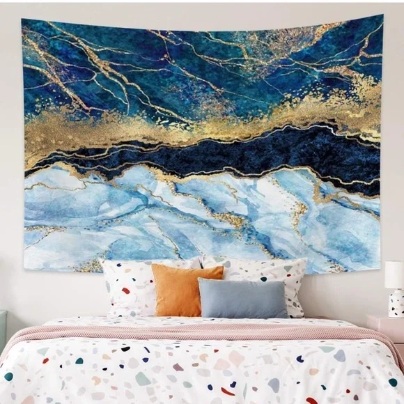 Abstract Blue and Gold med wall tapestry and 2 pillow covers