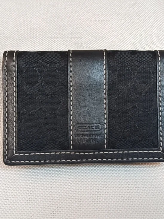 Coach Black Signature Canvas and Leather Card Case with Contrast Stitching