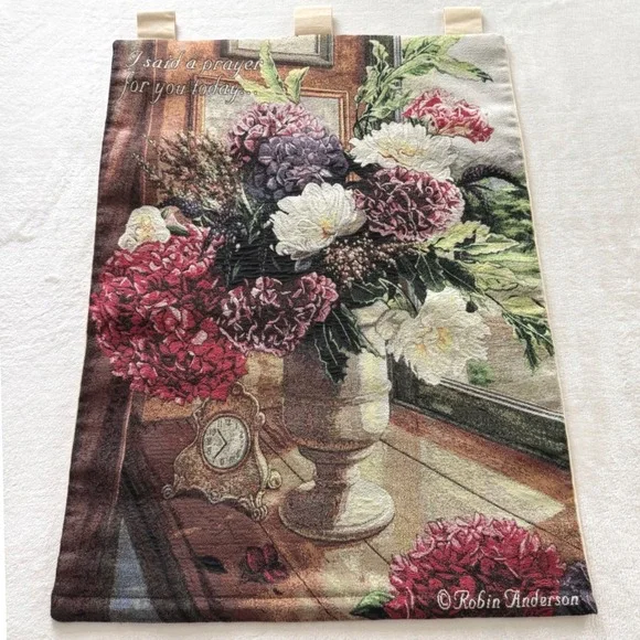 Vintage Robin Anderson Floral‎ Tapestry Wall Hanging Prayer Decor 26x36