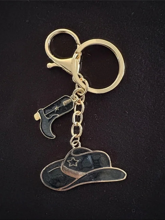 Gold Cowboy Hat and Boot Bag Charm Keychain with Black Enamel Accent