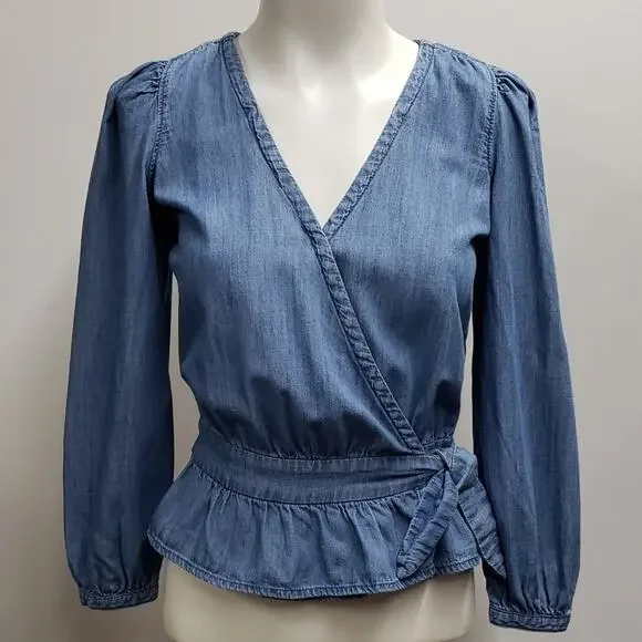 Denim Puff-Sleeve Peplum Wrap Top Women's XXS Ruffled Hem Cottagecore Prairie