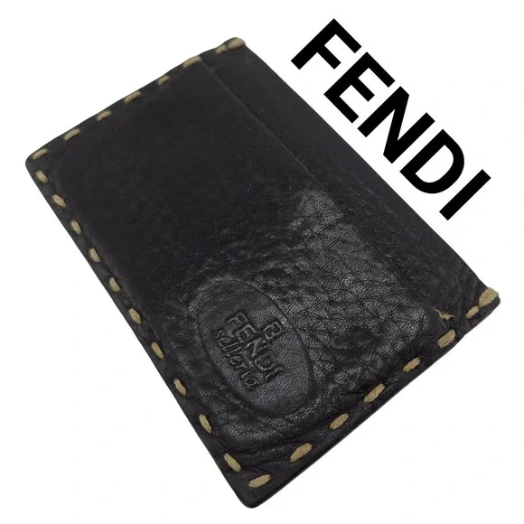 Fendi Selleria Card Holder Wallet Brown Pebbled Leather Vintage Hand Stitched