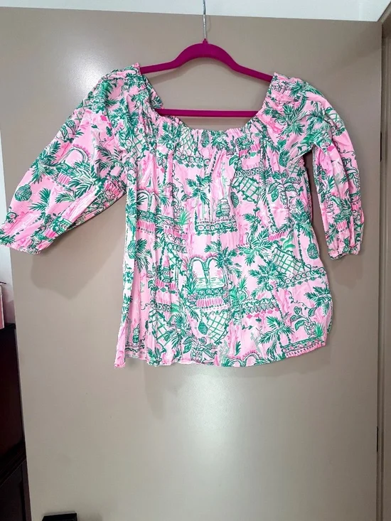 Lilly Pulitzer Pink Green Palm Chinoiserie Top Size XL