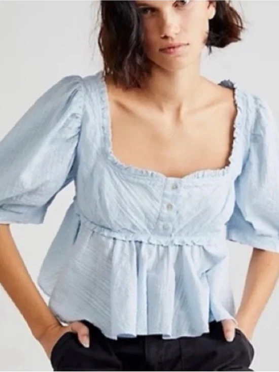 Free People Leave it to Me Pale Blue Square Neck Puff Sleeve Peplum Top