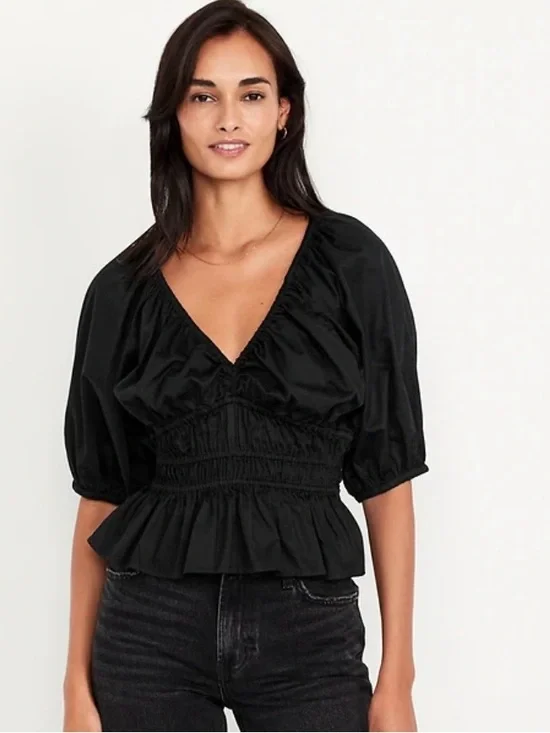 Old Navy Black Smocked Peplum V-Neck Blouse