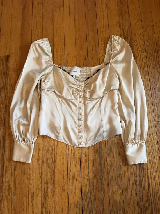 Reformation Womens Blouse sz 12 Beige Silk Puff Sleeve