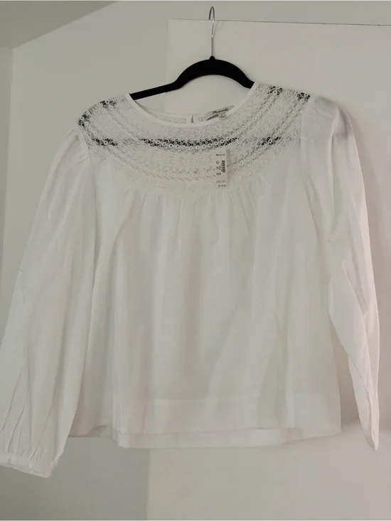 NWT Madewell Lace Inset Blouse Peasant Sleeves 100% Cotton Size Small