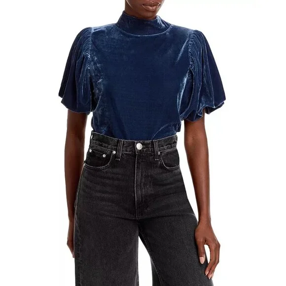 Free People Blue Claudia Short Puff Sleeve Mock Neck Velvet Top