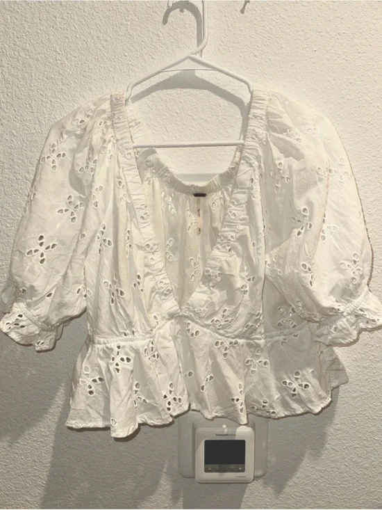 Free People White Eyelet Peplum Blouse