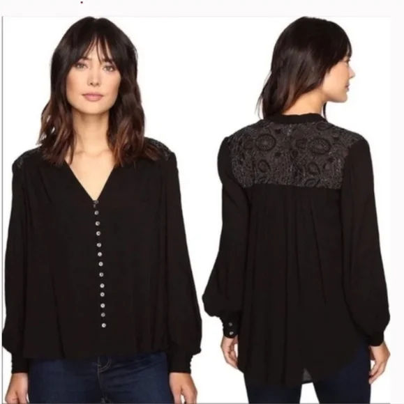 FREE PEOPLE Canyon Rose Embroidered Boho Hi Lo Blouse Black Whimsigoth Grunge XS