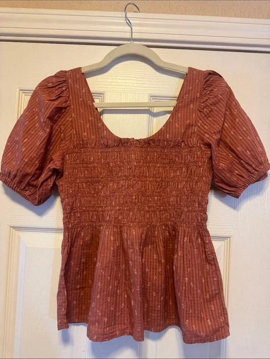 MADEWELL Smocked Square Neck Peasant Top - Rust with Cream design