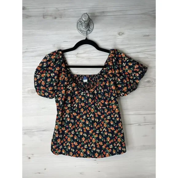 Old Navy Shirt Womens XS Navy Floral SS‎ Vee Trapeze Smocked Puff Sleeve