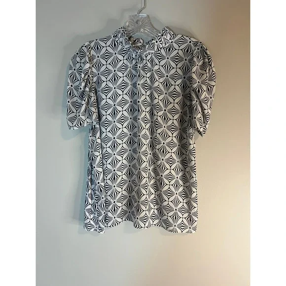 LOFT Navy White Geometric Starburst Puff Sleeve Mock Neck Ruffle Blouse Small