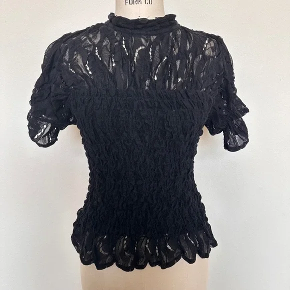 Free People Black Lace Smocked Mock Neck Top Short Puff Sleeve Size Small