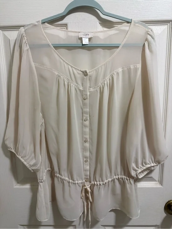 LOFT Cream Button-Front Peasant Top with Drawstring