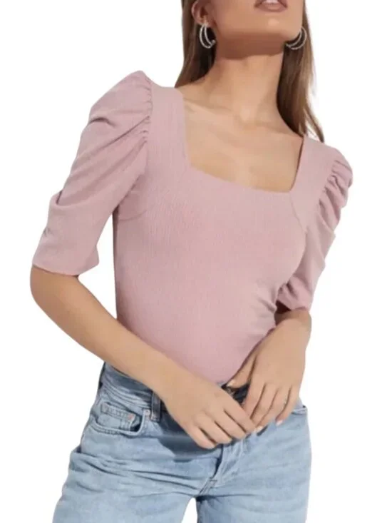 NWT Free People Night Lily Puff Shoulder Square Neck Short Sleeve Ribbed…