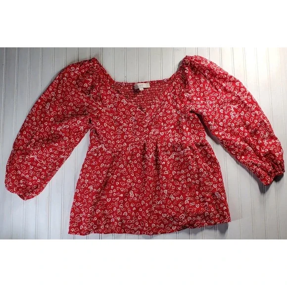 WOMENS LOFT RED HEART PRINT CINCHED SWEATHEART NECKLINE BLOUSE SIZE 2‎