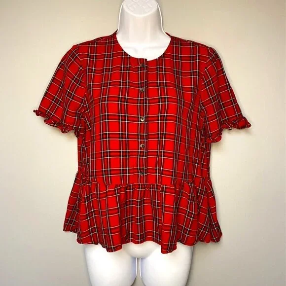 MADEWELL Red and Black Plaid Ruffle Hem Puff‎ Sleeve Button Down Blouse Size S