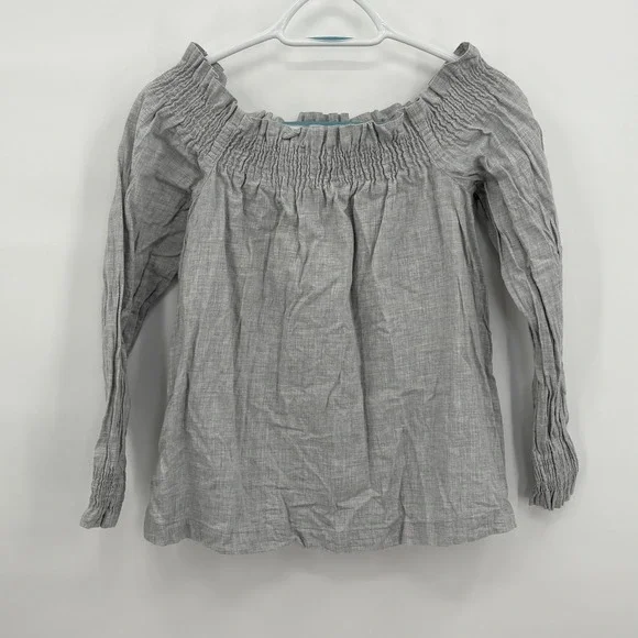 LOFT Petites Grey Cotton Smocked Off the Shoulder‎ Long Sleeve Blouse SP 451424