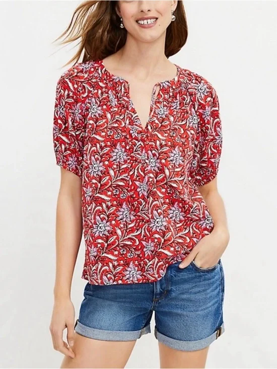 LOFT Spring Bloom Tie Neck Floral Puff Sleeve Peasant Top