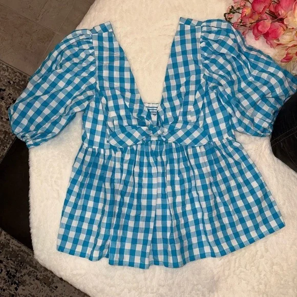 NWT Lilly Pulitzer Blue Checkered Puff Sleeve Blouse Size 4