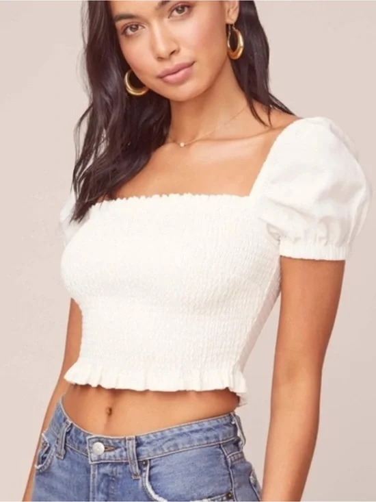 ASTR The Label Mason White Smocked Puff Sleeve Crop Top L