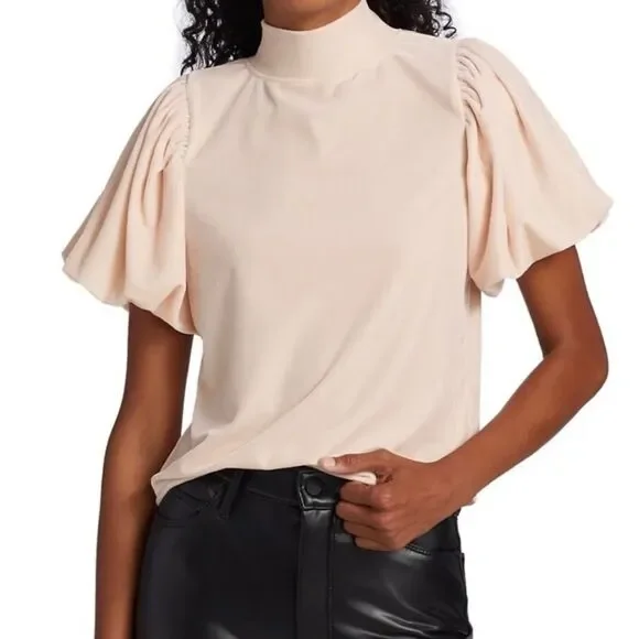 Free People Claudia Velvet Tee Puff Sleeve Mockneck Top Ballet Pink Size XS