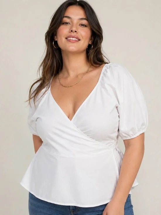Old Navy White Cotton Wrap Peplum Blouse Puff Sleeve Tie Back Medium