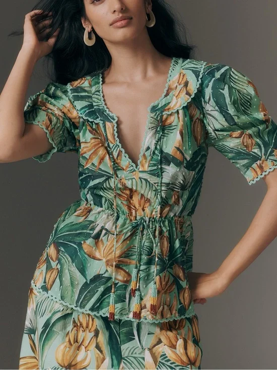 FARM RIO PUFF-SLEEVE BABYDOLL BLOUSE