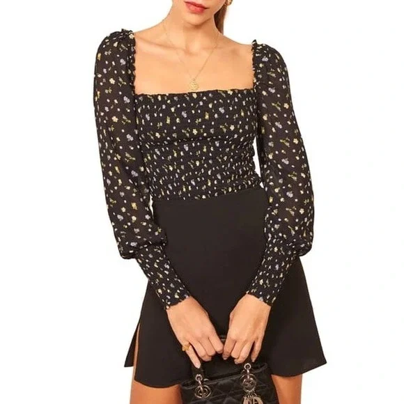 Reformation Pinto Smocked Top Womens Size Medium Black Ditsy Floral Puff Sleeve