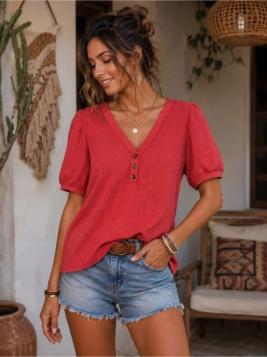 LOFT Textured V-Neck Puff Sleeve Top