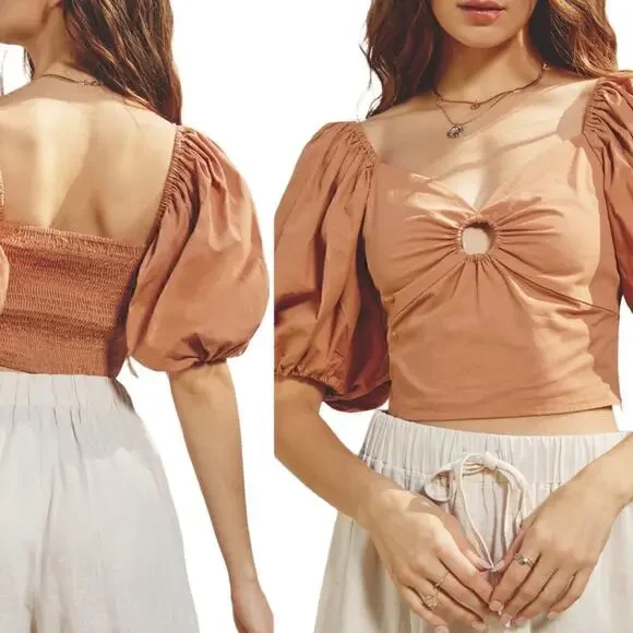 Abercrombie & Fitch Terracotta O-Ring Sweatheart Puff Sleeve Poplin Top Small
