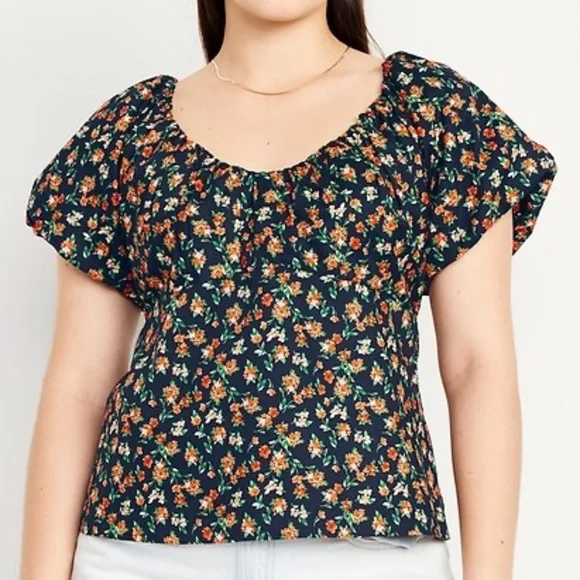 Old Navy Floral Cotton Puff Sleeve Babydoll Smocked Blouse Size XL Navy