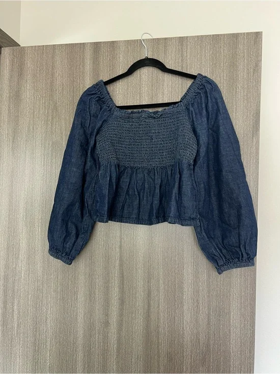 J. Crew Indigo Smocked Peasant Blouse jeans